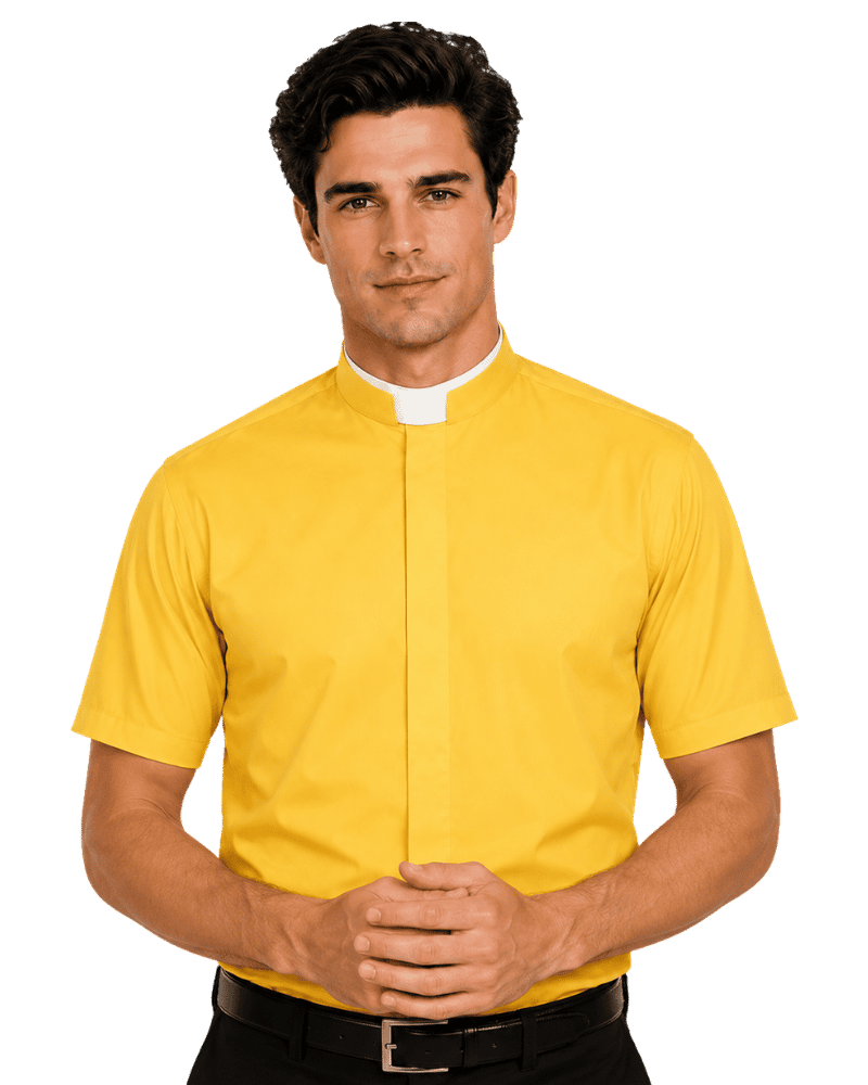 A man wearing a bright yellow short-sleeve priest collar shirt with a white collar insert, paired with black pants and a black belt, set against a plain white background.