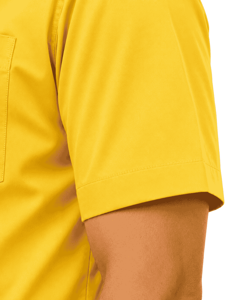 Closeup o the model hand showing the short sleeve on the plain white background.