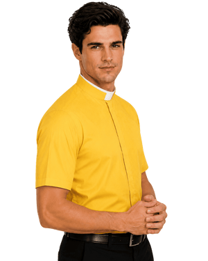 A man wearing a short-sleeve yellow clerical shirt with a white collar tab, paired with black pants, photographed against a solid white background.