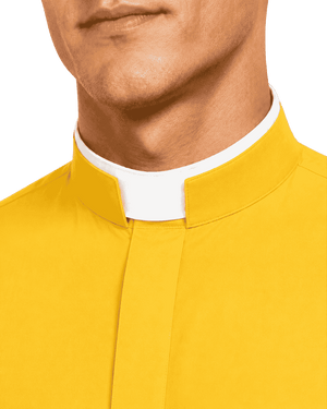 Close-up of a man wearing a bright yellow clerical-style shirt with a white collar, cropped from the lower face to the chest against a plain white background.