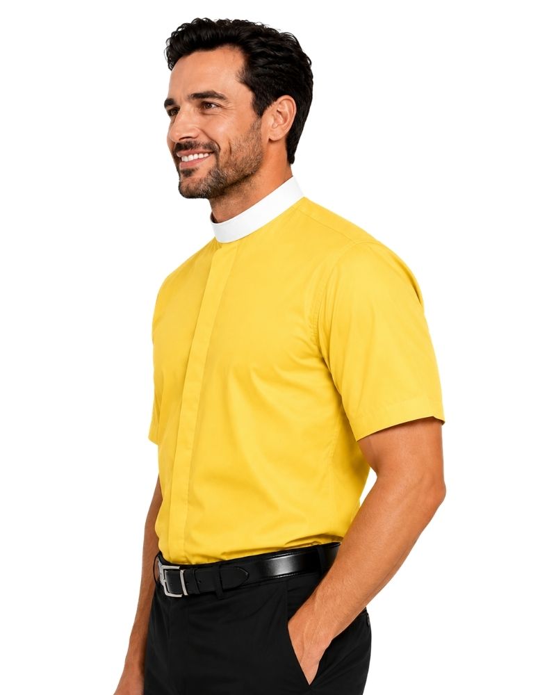 A man wearing a bright yellow short-sleeve clerical shirt with a white collar, paired with black trousers and a black belt, shown in profile against a white background.