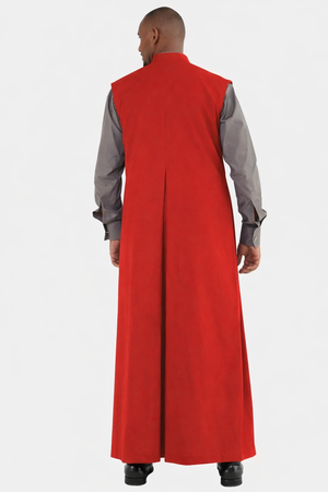 Man wearing a long red robe over a gray shirt on a white background