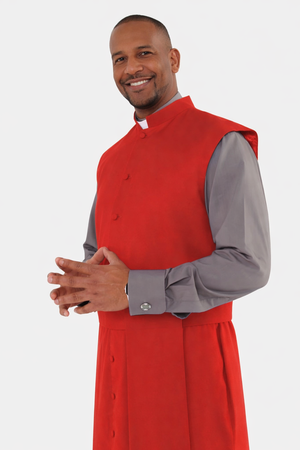 Man wearing a red cassock on a white background