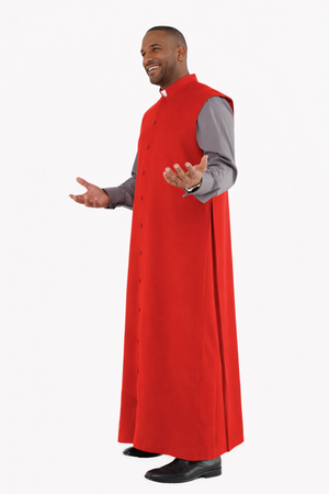Man wearing a red cassock over a gray shirt on a white background