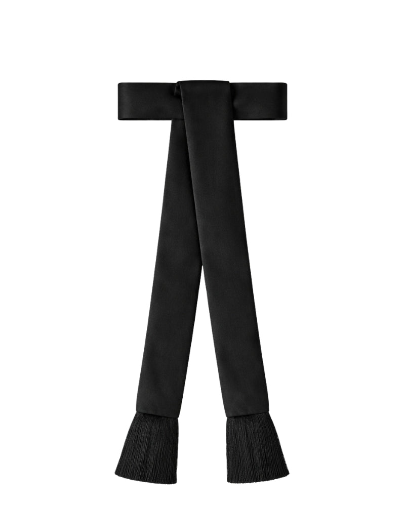 A black wide sash and fringed tassels at the bottom, displayed against a solid white background.