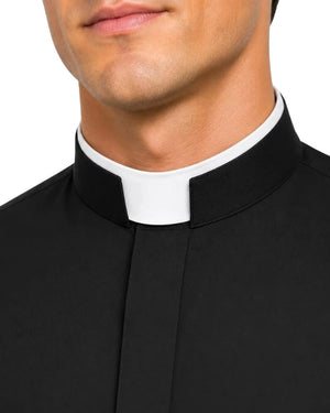 A close-up of a man wearing a black clerical collar with a white under-collar, likely a priest collar, against a plain white background.