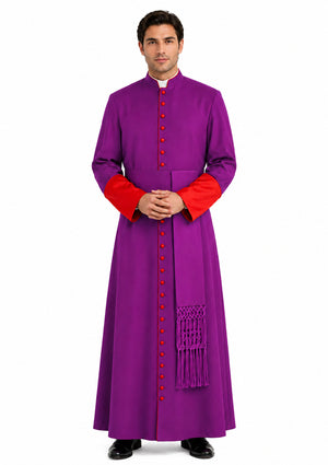 Man wearing a purple robe with red accents on a white background