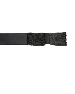 A close-up of a black sash with a textured, fringed end on a plain white background.
