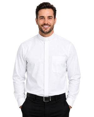 Man wearing a white dress shirt and black pants on a white background