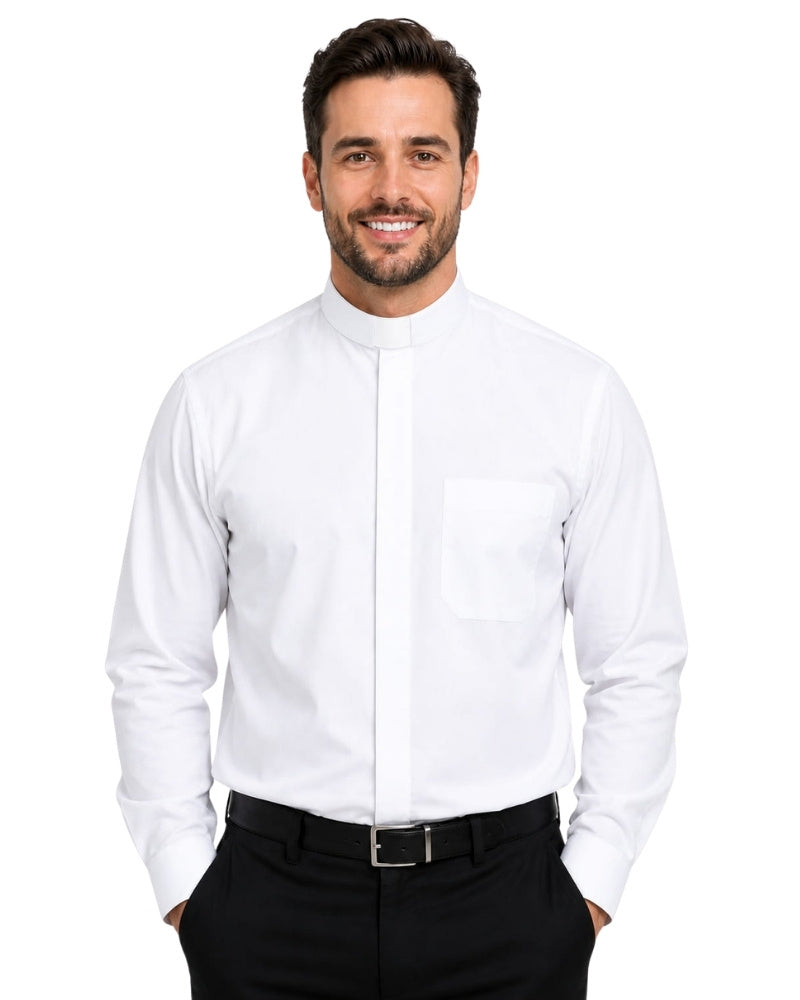 Man wearing a white dress shirt and black pants on a white background