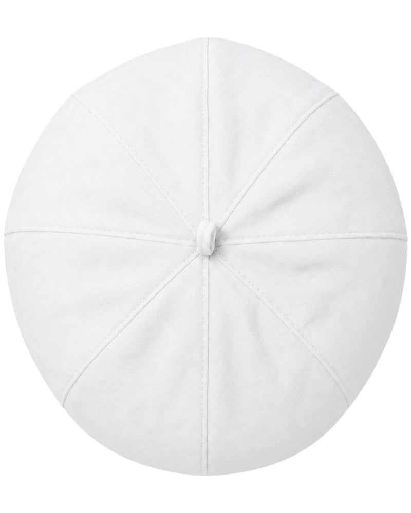 A white structured clergy zucchetto cap photographed from above on a plain white background.